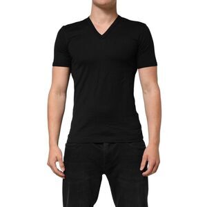 Dolce & Gabbana Black Cotton Plain V-Neck Men Shirt Men's T-shirt